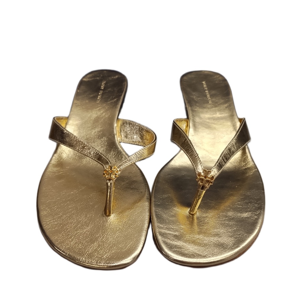 Tory Burch Flip Flop Sandals Womens 9M Gold Leather Sole Kitten Heel Comfort EUC